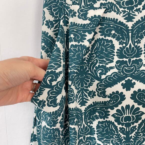Inomi | Teal & White Damask Floral Pattern Pleated Pocket Tie Back Dress - Picture 5 of 8